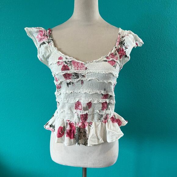 LoveShackFancy Compass Top Paradise Pink White Floral Smocked Ruffle Lace Sz M - Picture 3 of 6